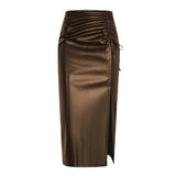 Women's Ruched Faux Leather Pencil Skirt – High Slit Coffee Midi Skirts mpncm1-10.myshopify.com womens-ruched-faux-leather-pencil-skirt-coffee Fittyluxe