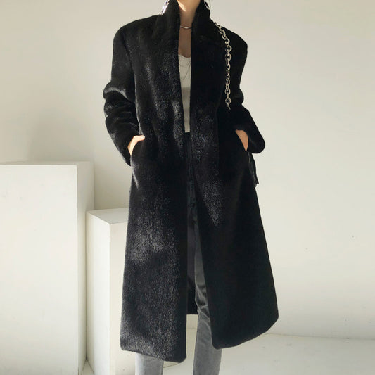 Marten Overcoats Mid-length Women's Stand Collar Plush Coat Women's Coats & Jackets mpncm1-10.myshopify.com luxury-black-faux-marten-plush-stand-collar-coat Fittyluxe