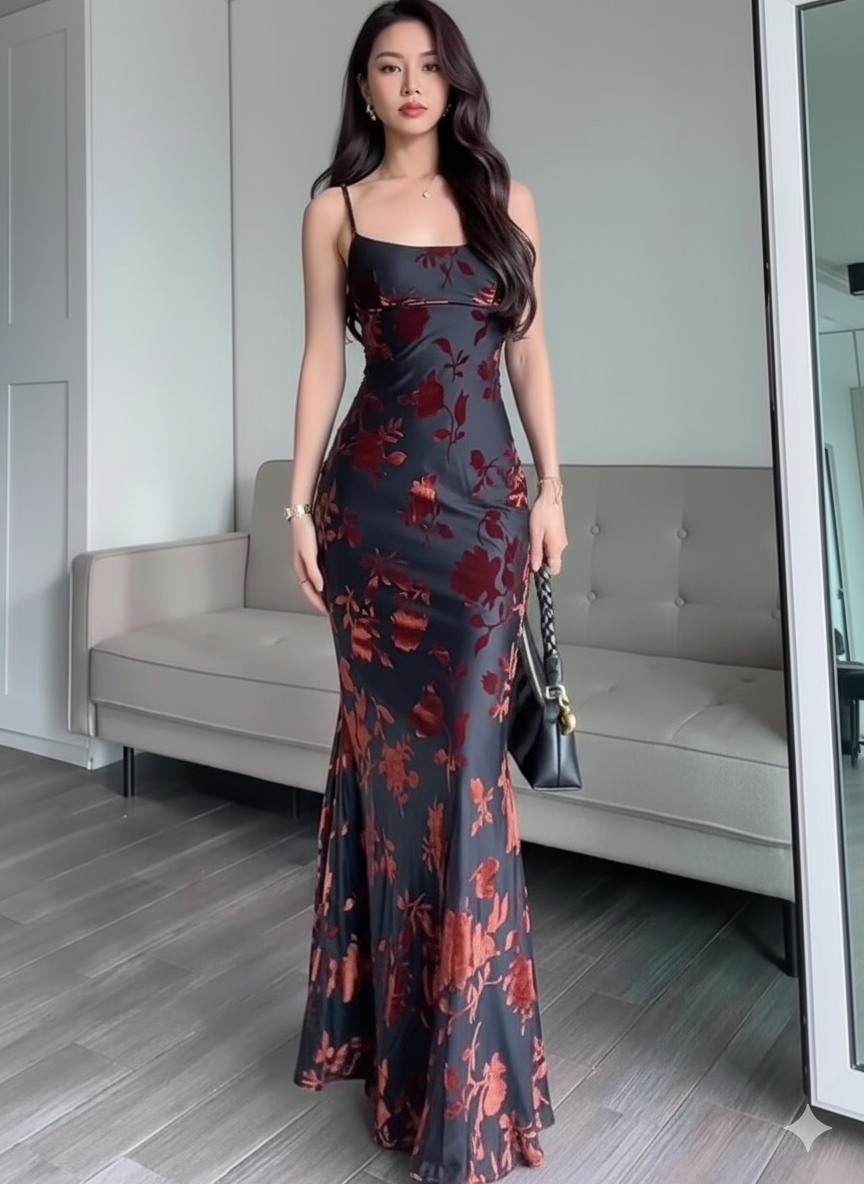 Women's Romantic Floral Flocked Maxi Dress – Velvet Texture Slip Gown Maxi Dresses mpncm1-10.myshopify.com womens-floral-flocked-velvet-maxi-slip-dress Fittyluxe