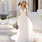Elegant V-Neck A-Line Wedding Dress with Sheer Lace Sleeves | Chiffon Bridal Gown Wedding Dress mpncm1-10.myshopify.com v-neck-lace-sleeve-chiffon-wedding-dress Fittyluxe