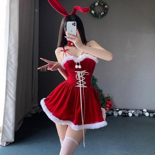 Christmas Bunny Girl Cosplay Costume | Red Velvet Santa Lingerie Set with Stockings & Ears