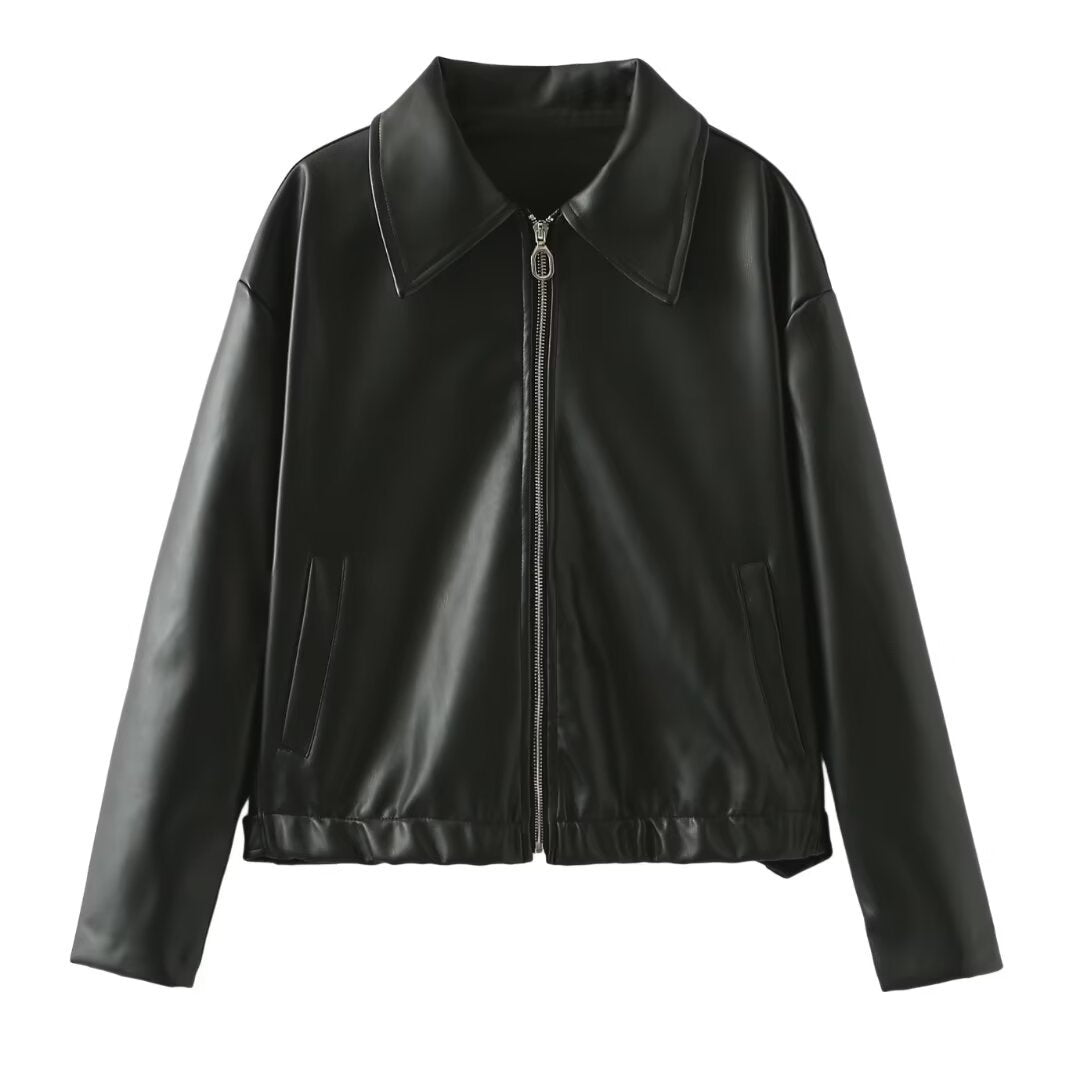 Women's Loose Fit Faux Leather Bomber Jacket – Lapel Collar Zip-Up Coat Jackets & Coats mpncm1-10.myshopify.com womens-oversized-faux-leather-lapel-jacket Fittyluxe