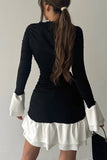 Elegant Black Ruched Mini Dress – High-Waist Long Sleeve with Ruffle Hem Mini Dresses mpncm1-10.myshopify.com elegant-black-ruched-mini-dress-white-ruffle-contrast Fittyluxe