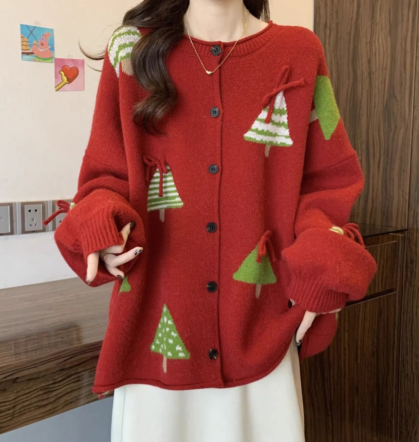 Festive Red Christmas Tree Knit Cardigan – Oversized Holiday Sweater Coat sweater & coat mpncm1-10.myshopify.com womens-oversized-red-christmas-tree-cardigan-sweater Fittyluxe