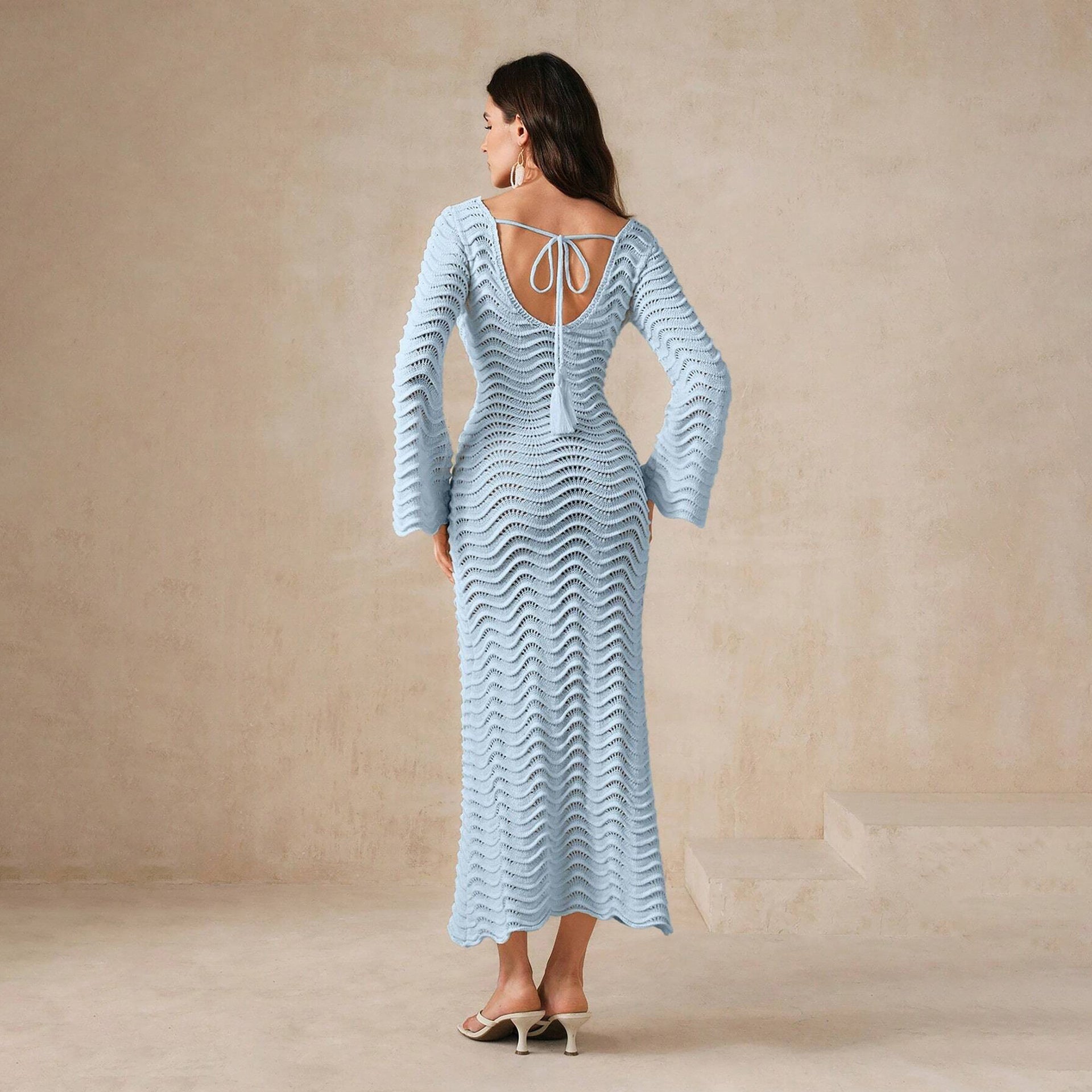 Bohemian Knitted Maxi Beach Cover-Up Dress – Long Sleeve Wave Pattern Tie Back