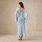 Bohemian Knitted Maxi Beach Cover-Up Dress – Long Sleeve Wave Pattern Tie Back