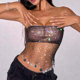 Dazzling Black Rhinestone Fishnet Tube Top - Strapless Sheer Mesh Crop with Sequin Fringe Tops mpncm1-10.myshopify.com black-rhinestone-fishnet-strapless-tube-top Fittyluxe