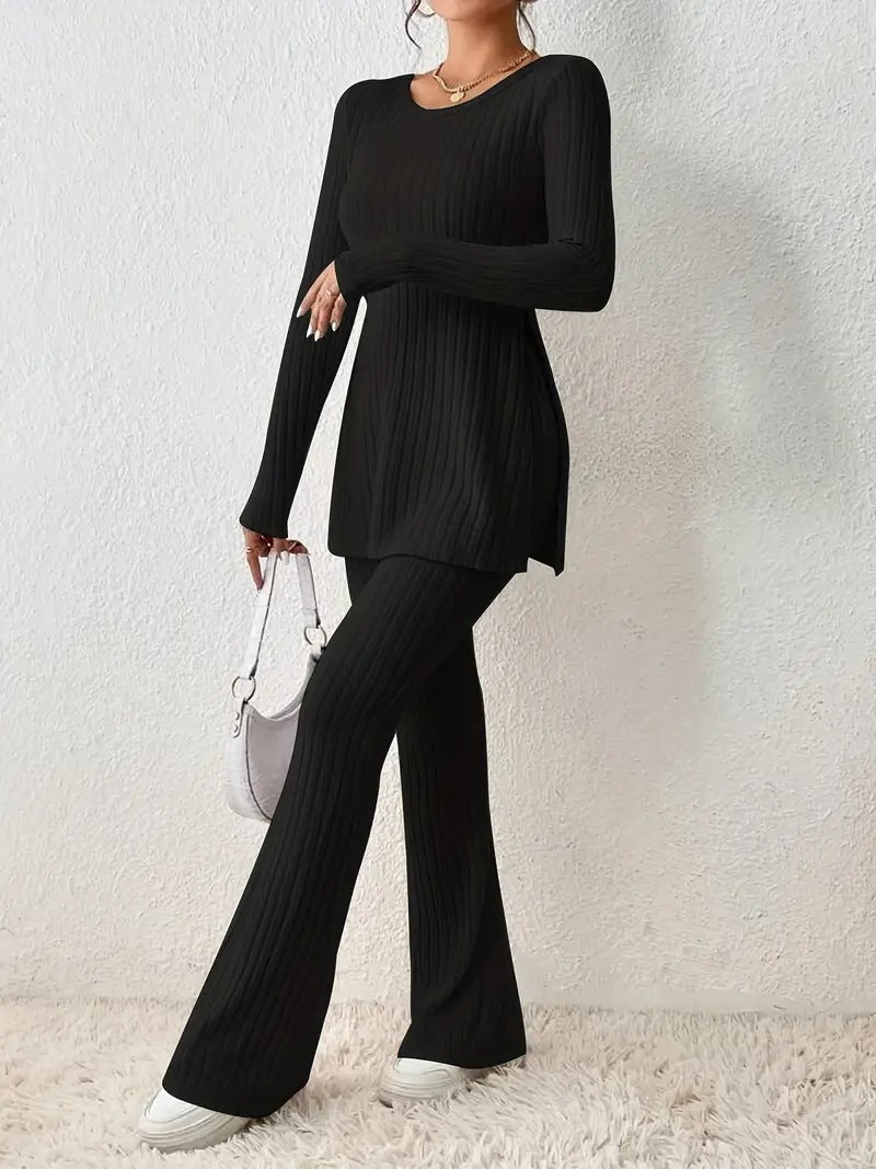 Ribbed Knit Tunic Top & Flare Pants Set | Elegant Long Sleeve Lounge Outfit Women's Suit Set mpncm1-10.myshopify.com ribbed-knit-tunic-flare-pants-set Fittyluxe