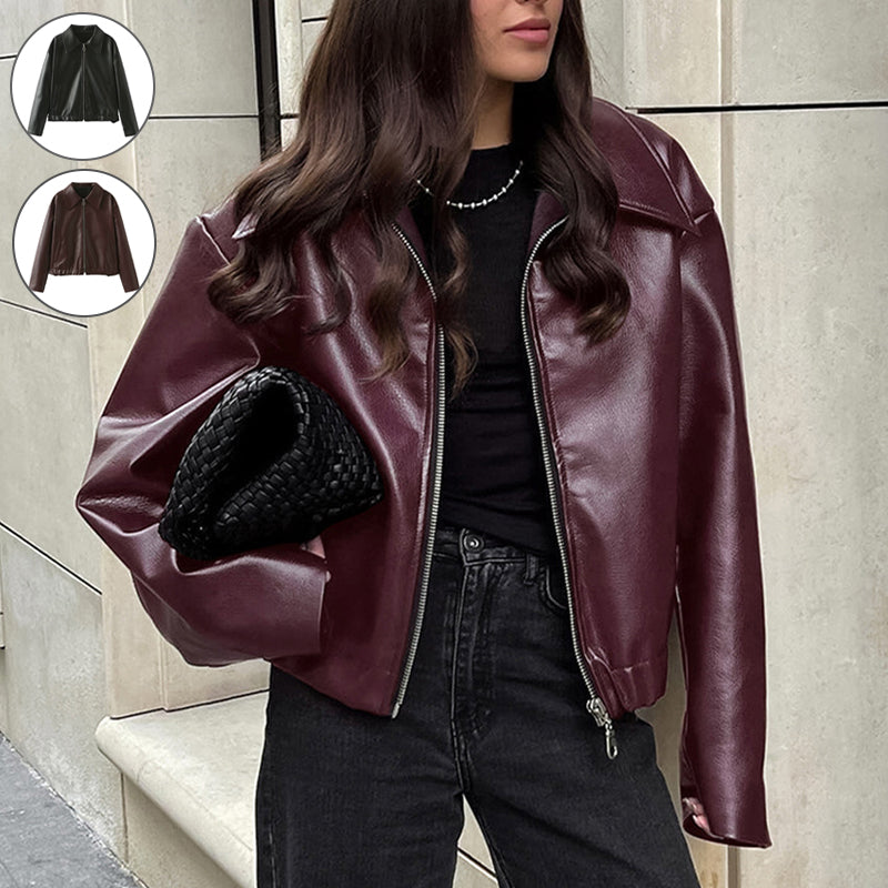 Women's Loose Fit Faux Leather Bomber Jacket – Lapel Collar Zip-Up Coat Jackets & Coats mpncm1-10.myshopify.com womens-oversized-faux-leather-lapel-jacket Fittyluxe