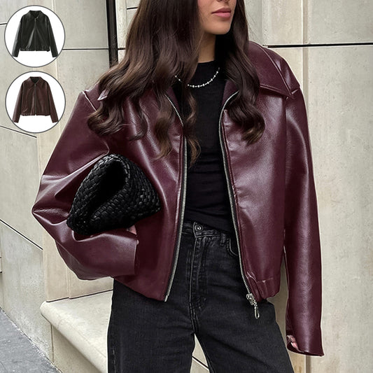 Women's Loose Fit Faux Leather Bomber Jacket – Lapel Collar Zip-Up Coat Jackets & Coats mpncm1-10.myshopify.com womens-oversized-faux-leather-lapel-jacket Fittyluxe