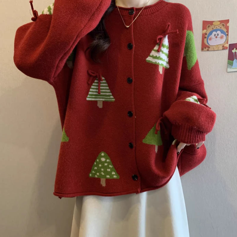 Festive Red Christmas Tree Knit Cardigan – Oversized Holiday Sweater Coat sweater & coat mpncm1-10.myshopify.com womens-oversized-red-christmas-tree-cardigan-sweater Fittyluxe