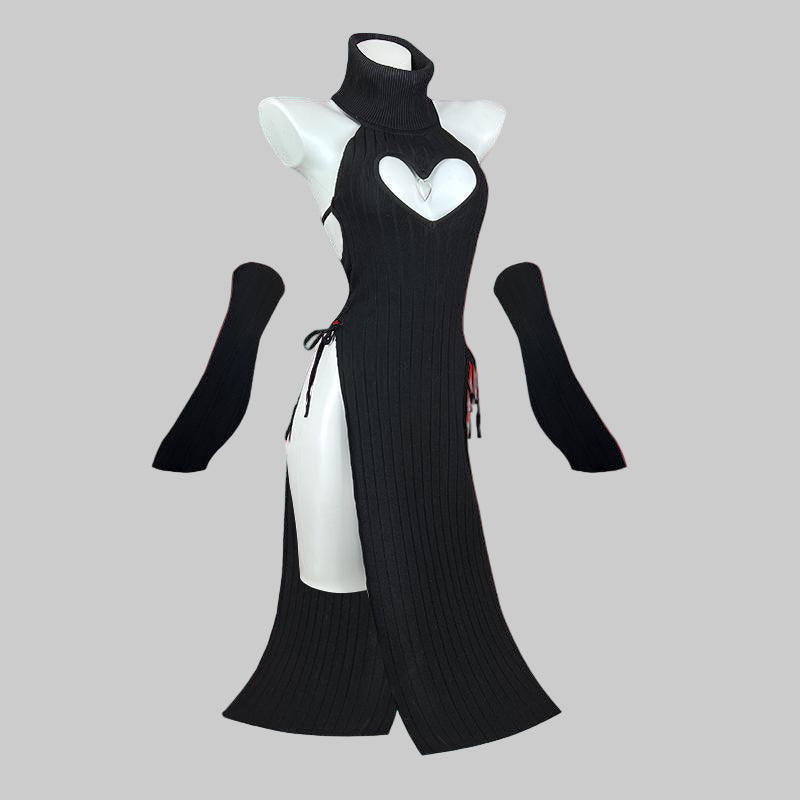 Black ribbed dress with cut-out design on a white background
