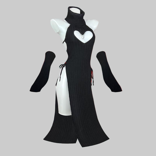 Black ribbed dress with cut-out design on a white background