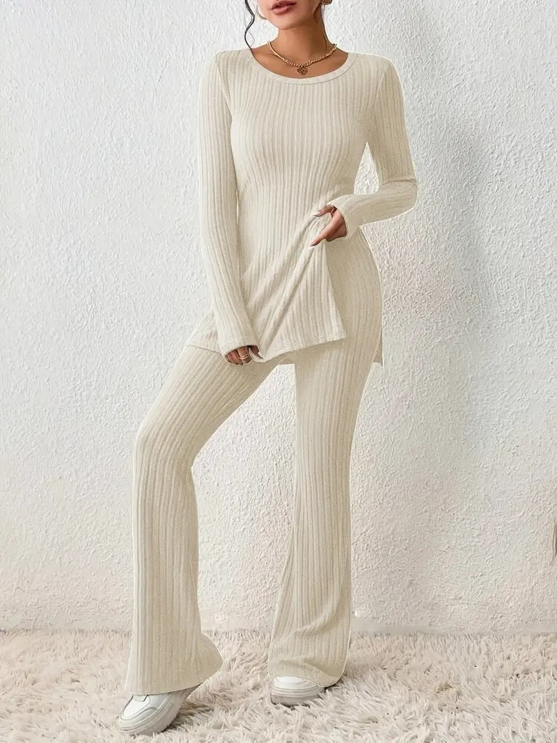Ribbed Knit Tunic Top & Flare Pants Set | Elegant Long Sleeve Lounge Outfit Women's Suit Set mpncm1-10.myshopify.com ribbed-knit-tunic-flare-pants-set Fittyluxe