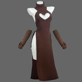 Brown dress with heart design on a mannequin against a white background