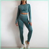 Seamless Women’s Sports Set – Long Sleeve Fitness Crop Top & High-Waist Booty Yoga Leggings | Workout & Activewear Outfit