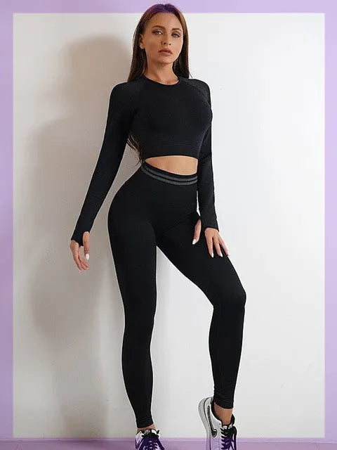 Seamless Women’s Sports Set – Long Sleeve Fitness Crop Top & High-Waist Booty Yoga Leggings | Workout & Activewear Outfit