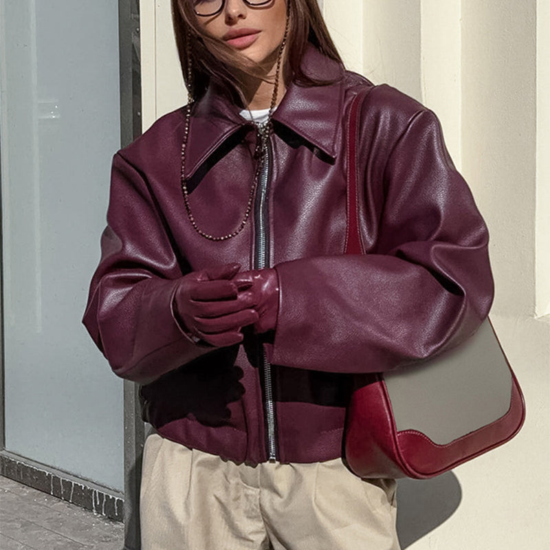 Women's Loose Fit Faux Leather Bomber Jacket – Lapel Collar Zip-Up Coat Jackets & Coats mpncm1-10.myshopify.com womens-oversized-faux-leather-lapel-jacket Fittyluxe