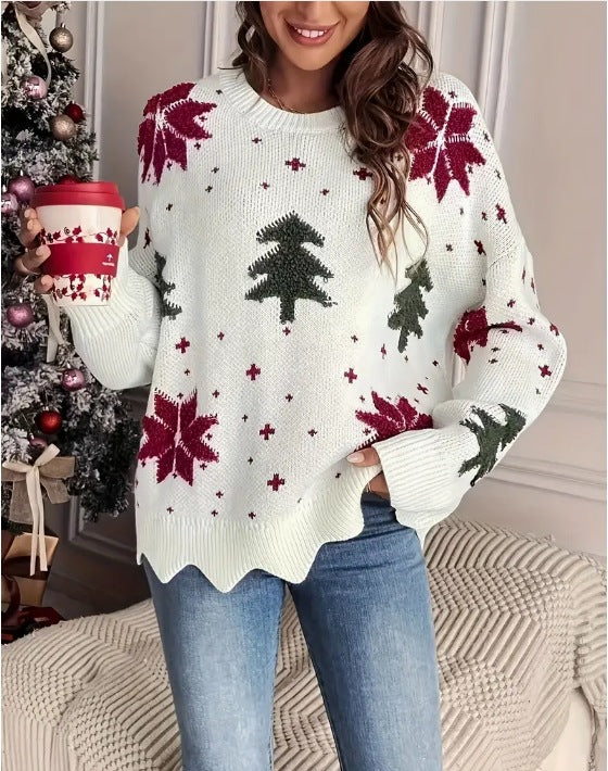 Women's Printed Loose Knit Sweater – Casual Long Sleeve Pullover Jumper
