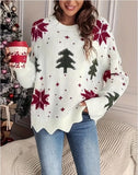 Women's Printed Loose Knit Sweater – Casual Long Sleeve Pullover Jumper