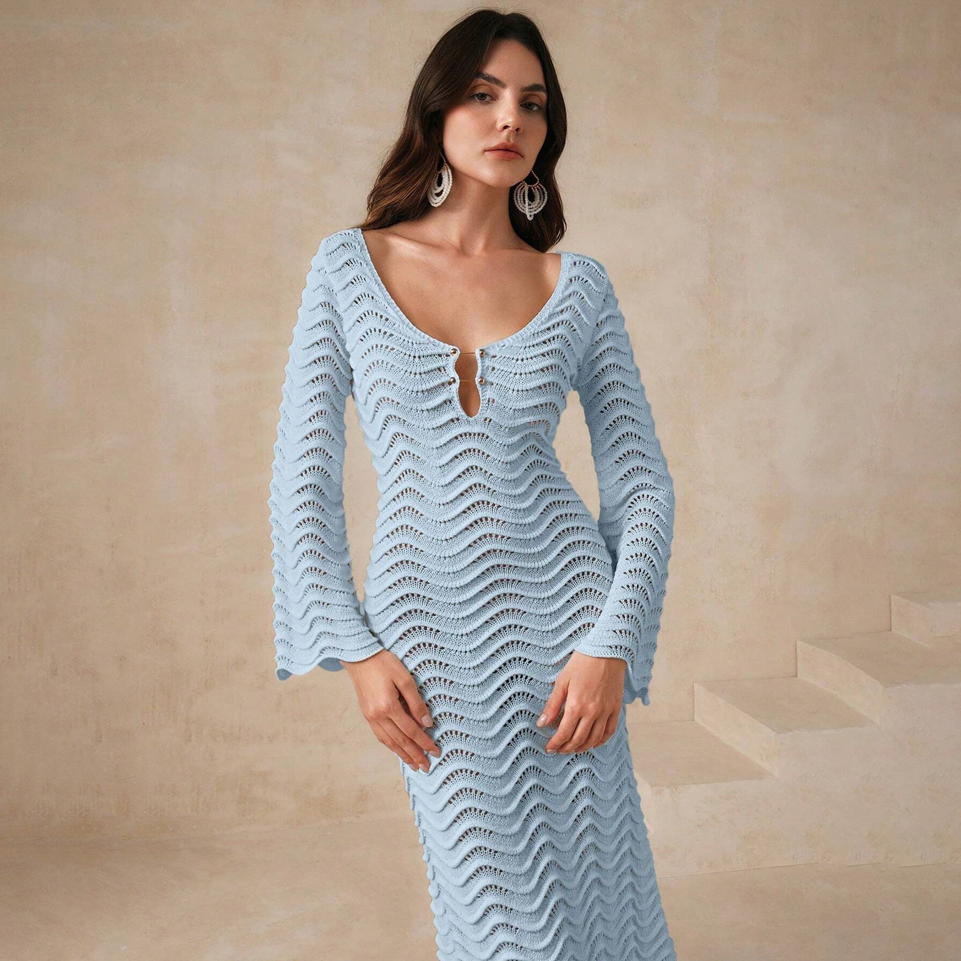 Bohemian Knitted Maxi Beach Cover-Up Dress – Long Sleeve Wave Pattern Tie Back