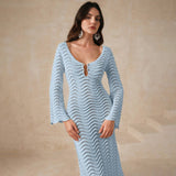 Bohemian Knitted Maxi Beach Cover-Up Dress – Long Sleeve Wave Pattern Tie Back