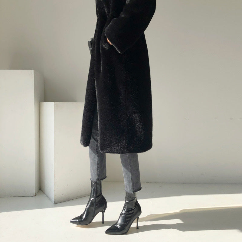 Marten Overcoats Mid-length Women's Stand Collar Plush Coat Women's Coats & Jackets mpncm1-10.myshopify.com luxury-black-faux-marten-plush-stand-collar-coat Fittyluxe