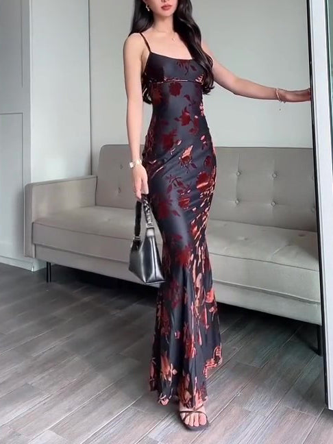 Women's Romantic Floral Flocked Maxi Dress – Velvet Texture Slip Gown Maxi Dresses mpncm1-10.myshopify.com womens-floral-flocked-velvet-maxi-slip-dress Fittyluxe