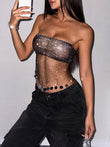 Dazzling Black Rhinestone Fishnet Tube Top - Strapless Sheer Mesh Crop with Sequin Fringe Tops mpncm1-10.myshopify.com black-rhinestone-fishnet-strapless-tube-top Fittyluxe