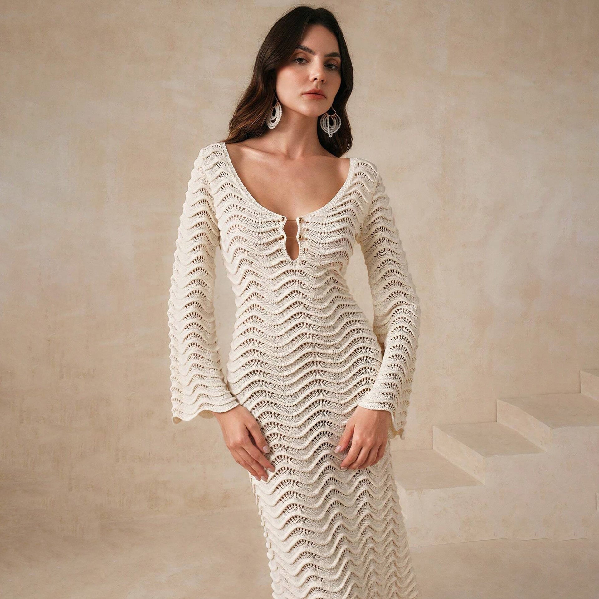 Bohemian Knitted Maxi Beach Cover-Up Dress – Long Sleeve Wave Pattern Tie Back