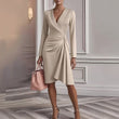 Elegant Ruched V-Neck Commuter Dress – Long Sleeve Slim Fit Asymmetrical Midi Cami Dresses mpncm1-10.myshopify.com elegant-ruched-v-neck-midi-dress-long-sleeve Fittyluxe
